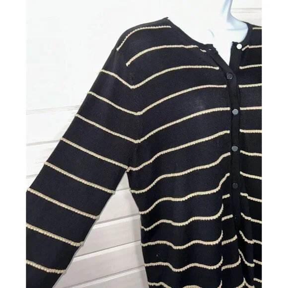 NWT August Silk Heritage Sz XL Black Gold Stripes Textured Button Up Cardigan - Picture 3 of 10